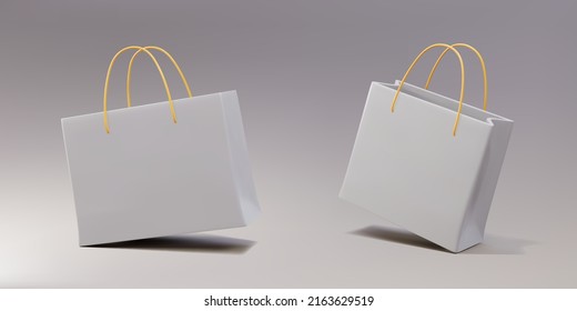 3d Simple two white paper bags on floor. Vector illustration.