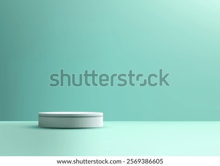 3D simple white podium on a light teal surface with a matching solid backdrop. Clean and minimalist design for product mockups, modern presentations, and creative showrooms.