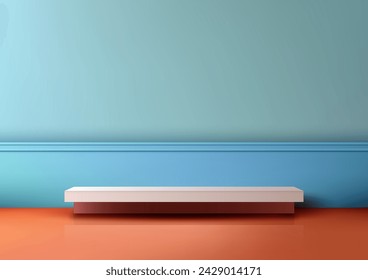 3D simple white shelf on a red floor in front of a blue wall. Product display. Vector illustration