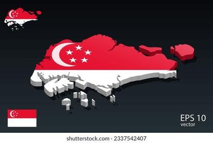 Mapa y bandera de Singapur 3D. Diseño de forma 3D . Concepto del Día de la Independencia. Vista de perspectiva . Vector