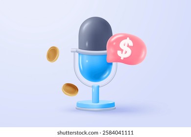 3d singer icon sign with voice podcast for money passive income. mic record for music singer and song or audio podcast concepts. 3d voice icon vector render illustration for scream and loud noise