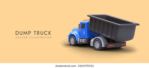 3D single axle dump truck, rear view. Services of transportation of soil, sand, stones. Advertising business concept, place for logo, text, link button. Template for social networks