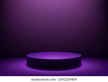 Pedestal roxo circular único 3D em um piso roxo escuro, criando uma dramática e misteriosa exibição de produtos perfeita para maquetes, marcas e vitrines elegantes