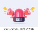 3D siren icon with loudspeaker. Red emergency light. Warning with flashing stop, danger sign in cartoon style. Vector illustration.  