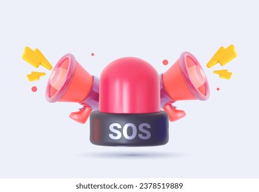 3D siren icon with loudspeaker. Red emergency light. Warning with flashing stop, danger sign in cartoon style. Vector illustration.   svg