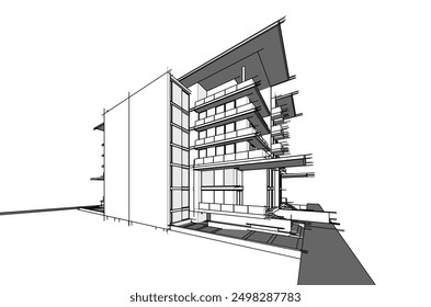 Bosquejo 3D del edificio sobre fondo blanco
