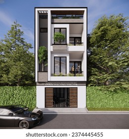 3D sketch of the front view or elevation of the facade of a house or multi-storey building