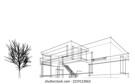 3d sketch of modern building on white background