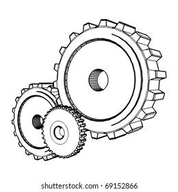 3d Sketch Of Three Gears - Vector