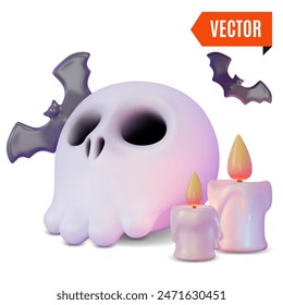 3d Skull and Bat Halloween Concept Cartoon Design Style Isolated on a White Background. Vector illustration