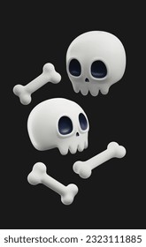 Calavera 3d y huesos flotantes, ilustración vectorial aislada en fondo negro. Espléndido elemento decorativo de las vacaciones de Halloween. Conceptos de peligro y muerte.