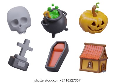 3D skull, cauldron with elixir, pumpkin head, grave cross, empty coffin, witch house. Set of vector objects for Halloween scenes, compositions, landscape