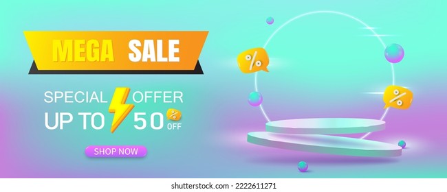 3d sky blue podium scene for mega sale banner template, campaign, promotion, flash sale. Banner template design for web or social media.