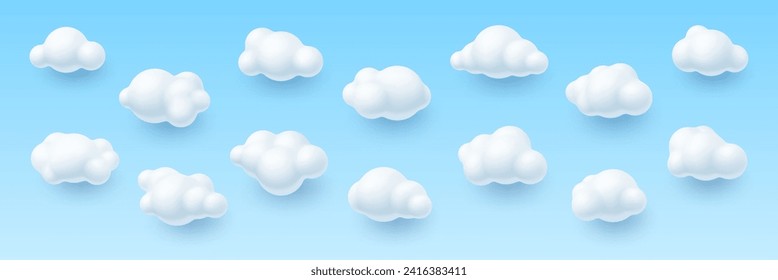 3d sky clouds, realistic vector cumulus formations three-dimensional rendering elements, enhancing visual environments in virtual worlds or computer scenes for immersive and lifelike atmospheres