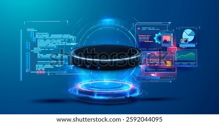 3d sleek black podium levitates in a futuristic, holographic interface, surrounded by vibrant data panels and neon highlights—perfect for high-tech, sci-fi, or innovation themes. 3D Robot vacuum scann