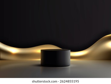 3D elegante fosco preto cilíndrico pódio pé em uma superfície reflexiva com um fundo de onda de ouro luminoso, telas de produtos modernos, marca de luxo e elegante showroom maquetes estilo minimalista