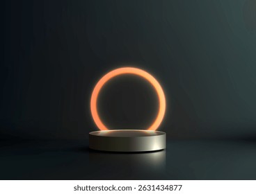3D sleek metallic gray podium stand on a dark reflective surface with a vibrant neon red circular glowing frame, technology mockups, product displays, and futuristic presentations in a modern showroom