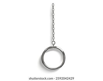 3d sleek metallic ring hangs gracefully from a slender chain, showcasing a glossy, minimal design. Ideal for jewelry concepts, DIY crafts, or modern decorative accents. Vector illustration