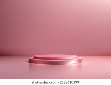 3D-elegantes, zweistufiges Podium in sanftem Rosa und Gold, vor einem sauberen, rosafarbenen Hintergrund. Perfekt für Luxus-Produktpräsentationen, Branding oder minimalistische Präsentationen. Ideal für Mockups, Mode