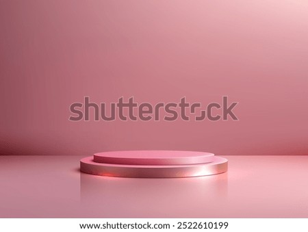 3D sleek two tiered podium in soft pink and gold, set against a clean pink backdrop. Perfect for luxury product displays, branding, or minimalist presentations. Ideal for mockups, fashion