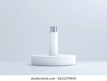 3D sleek white bottle with a silver cap, centered on a round platform against a soft light blue background. modern minimal product mockup cosmetic branding, health care packaging, advertising concepts
