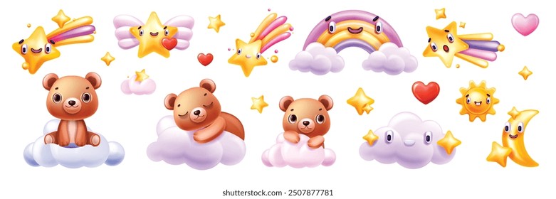 3D sleeping bear set, vector cute bedroom sticker, kawaii toy, falling star, rainbow, sun, moon. Baby sky night fantasy object collection, childish decorative cartoon icon. Fairy tale sleeping bear