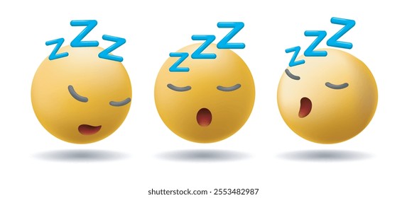 3d sleeping emoji face set. Snoring emoticon with eyes closed sleep with zzz noise isolated vector illustration