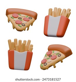 Rebanada 3D de pizza, paquete con papas fritas. Modelos de Vector de colores