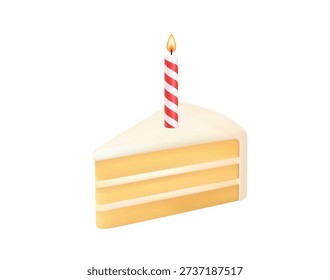 3D slice of vanilla layer cake topped with white icing and a lit striped birthday candle, perfect for celebration visuals. 3d rendering. Vector illustration