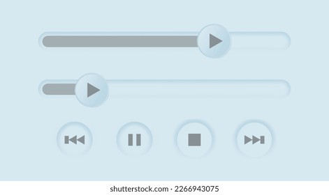 3D-Schieberegler, Vektorgrafik. Scrollbar Volumen, Helligkeit. Bedienung des Panelschalters. Umkehren des Konzepts Benutzerschnittstelle, zwei Schaltfläche abspielen. Horizontale Form des Luftwiderstands, Ebene, Maßstab. Ladeleiste