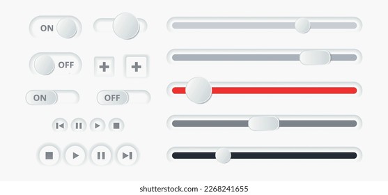 3D-Schieberegler, Vektorgrafik. Scrollbar Volumen, Helligkeit. Bedienung des Panelschalters. Umkehren des Konzepts Benutzerschnittstelle, zwei Schaltfläche abspielen. Horizontale Form des Luftwiderstands, Ebene, Maßstab. Ladeleiste