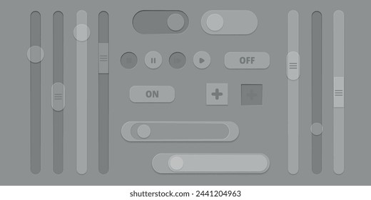 3D-Schieberegler, Vektorgrafik. Lautstärke der Bildlaufleiste, Helligkeit. Panel-Schaltersteuerung. In: Concept Toggle Scroll. Benutzeroberfläche, zwei Tasten wiedergeben. Vertikale Drag-Form, Ebene, Skalierung. Ladebalken