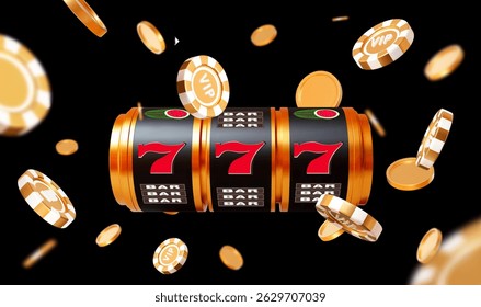 3D slot machine, casino chips, golden coins. 777 Big win concept banner casino. Online casino. Gambling concept design. 3d vector illustration on black isolated background.
