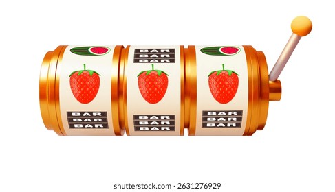 Máquina de fenda 3D com frutas. Casino online.Big conceito de vitória cassino banner. Design de conceito de jogo. Ilustração vetorial 3d em plano de fundo isolado.	
