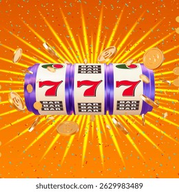 3D slot machine, golden coins, confetti. 777 Big win concept banner casino. Online casino. Gambling concept design. 3d vector illustration on isolated background.