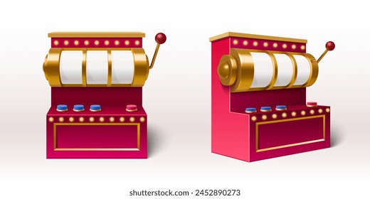 3d slot machine set in different angles of view. Realistic vector illustration of red casino jackpot gambling device with wheel and golden handle lever. Retro lucky bandit for fortune chance concept.