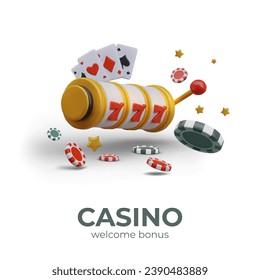 3D slot machine with three sevens jackpot, poker chips, deck of cards, stars. Color composition on white background with shadows. Realistic concept of entertainment, winning, luck. Casino advertising