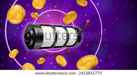 3d slot machine with wheel and handle lever surrounded by flying golden dollar coins. Realistic vector illustration purple banner with casino jackpot gambling device for winner and fortune chance.