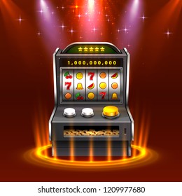 3d slots machine wins the jackpot, Isolated on glowing lamp background. Vector illustration