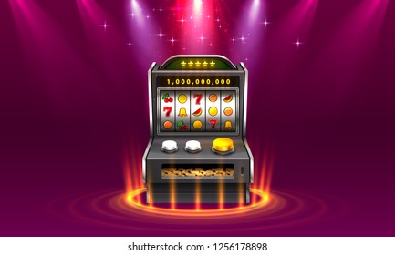 3d slots machine wins the jackpot, Isolated on glowing lamp background. Vector illustration