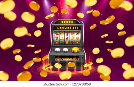 3d slots machine wins the jackpot, Isolated on glowing lamp background. Vector illustration