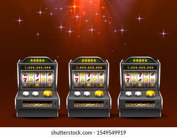 3d slots machine wins the jackpot, Isolated on glowing lamp background. Vector illustration