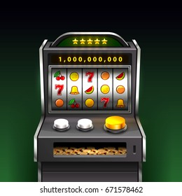 3d slots machine wins the jackpot, Isolated on green background. Vector illustration