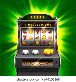 3d slots machine wins the jackpot, Isolated on green background. Vector illustration