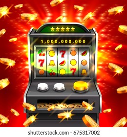 3d slots machine wins the jackpot, Isolated on glowing lamp background. Vector illustration