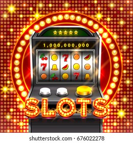 3d slots machine wins the jackpot, Isolated on glowing lamp background. Vector illustration