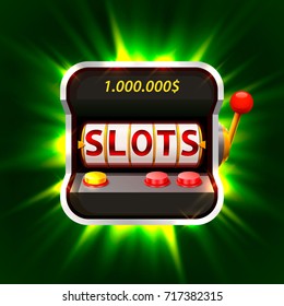 3d slots machine wins the jackpot, Isolated on green background. Vector illustration