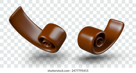 3D small chocolate chips in different positions. Sweet brown spirals