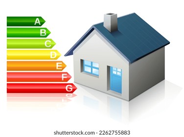 3D small house with a blue door and window and the building energy efficiency classification symbol