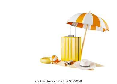 3D small island with suitcase. suitcase render, camera and hat. travel inspired design elements. vacation or holiday. 3D illustration